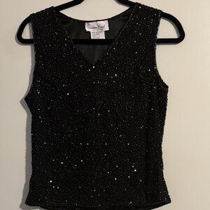 Vintage Laurence Kazar Silk Beaded Sequin Top Cocktail Evening Top M Black